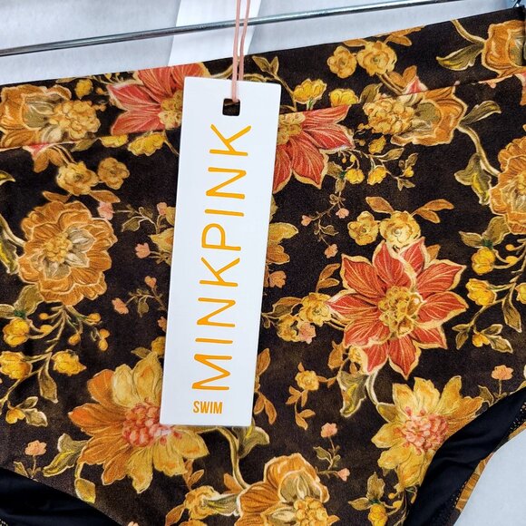 Minkpink Emilia High Waisted Vintage Floral Swim Bottoms Large Brown/Orange - Picture 2 of 6